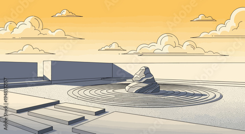 Stylized zen garden with rock, raked sand, stone path, and orange sky