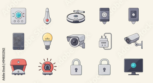 A collection of flat design icons for smart home devices and security systems