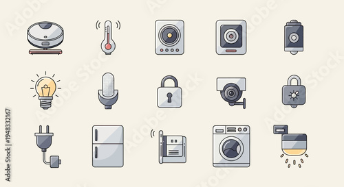 Smart home icons depicting devices like vacuums, sensors, and appliances