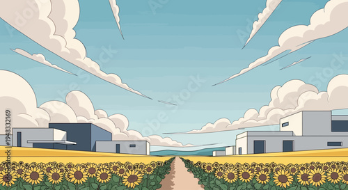 Sunny field leads to modern buildings under a sky of fluffy clouds