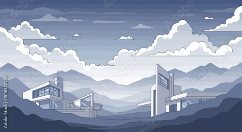 Modern architecture with glass and clean lines stands against layered mountains under a cloudy sky