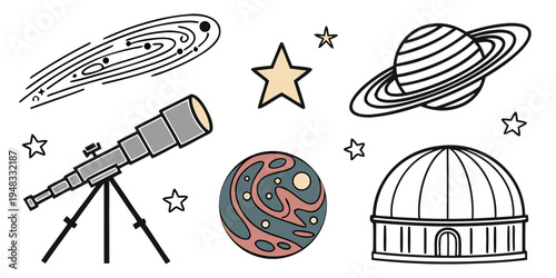 astronomy icons including telescope and planets Vector