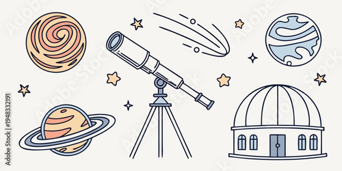 a telescope and astronomy icons for kids Vector
