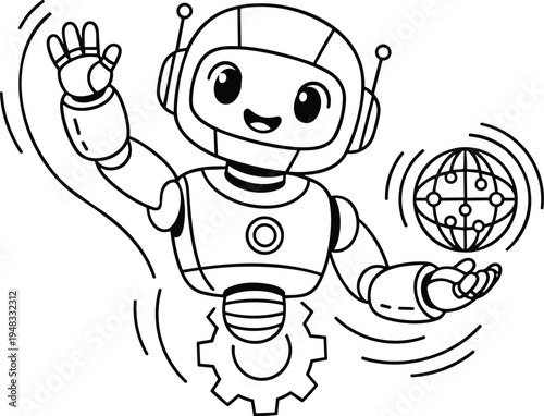 Cute waving robot character line art illustration featuring friendly android mascot for technology artificial intelligence and future automation.