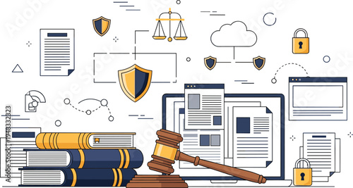 Digital Law and Legal Services Concept with Judge Gavel, Law Books, Documents, Shield Protection and Online Justice System Illustration