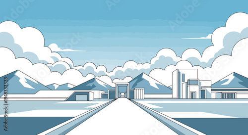 Wide expanse of a futuristic city with snowy mountains under a cloudy blue sky