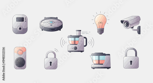 Assortment of smart home devices including locks, security camera, food processor, and lightbulb