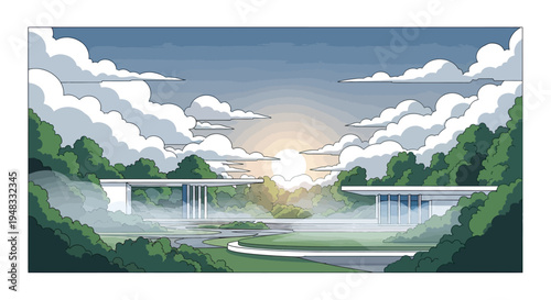 Serene dawn breaks over a futuristic landscape with clouds, trees, and modern architecture