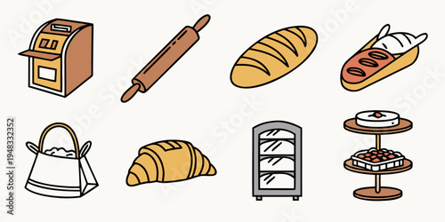a collection of baking related objects and pastries Vector