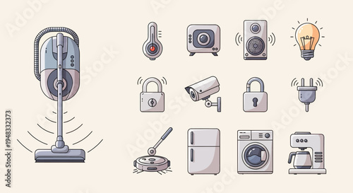 Collection of smart home devices and appliances illustrated on a light background