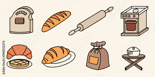 a collection of baking related objects and food Vector