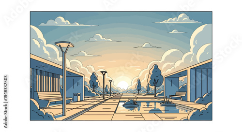 Stylized landscape of a sunlit plaza with modern buildings and sparse foliage