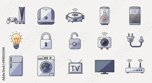 Diverse collection of smart home devices and electronics, illustrated in a clean, flat style