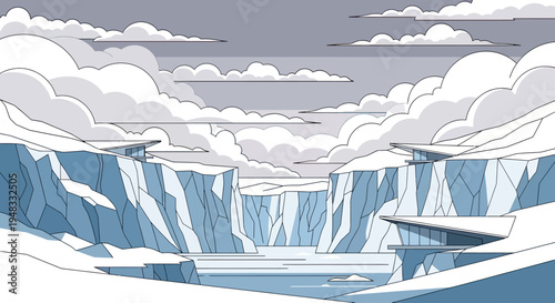 Stark glacial cliffs cradle icy water, framed by stark clouds and angular structures