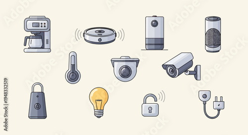 A digital illustration depicting smart home devices, including appliances and security items