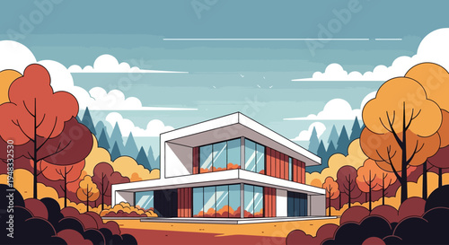 Modern minimalist house surrounded by autumn foliage and stylized trees under sky