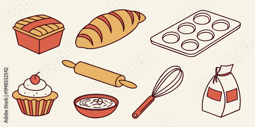 a collection of baking ingredients and tools Vector