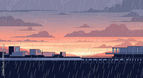 A minimalist cityscape under a dramatic, rain-swept sunset sky