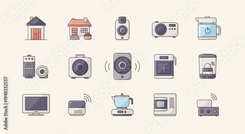 Collection of stylized icons depicting smart home devices and appliances