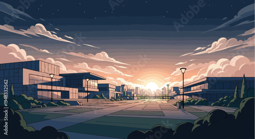 Modern buildings flank a plaza under a twilight sky with a city skyline