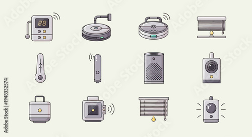 Collection of smart home devices including sensors, cameras, and automated blinds