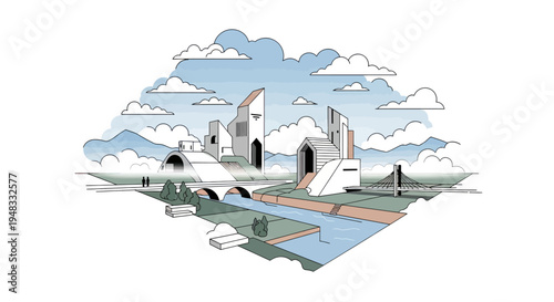 Modern architectural structures beside a river with bridges and distant mountains under clouds