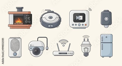 A collection of smart home devices and appliances depicted in a clean, flat illustration style