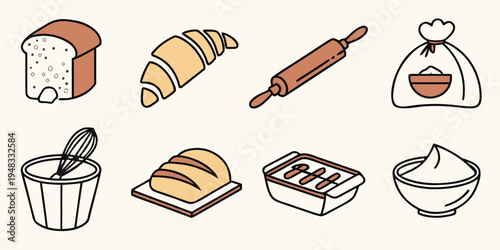 a collection of various baked goods and baking tools Vector