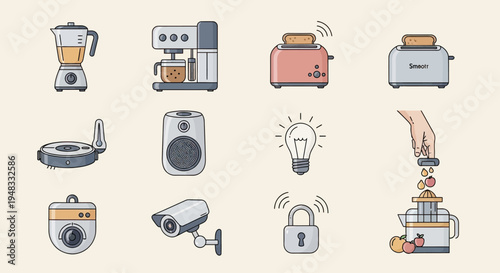 Collection of modern household appliances and security devices