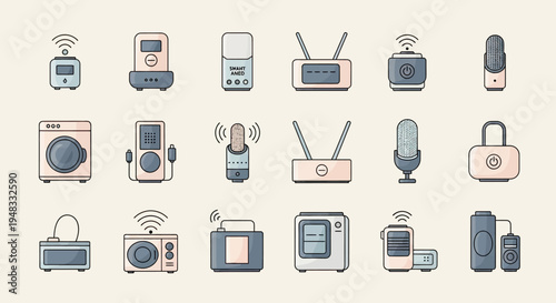 A collection of modern electronic devices and appliances with wireless icons