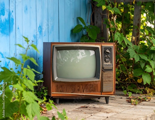 Antique TV resting against a blue wooden wall