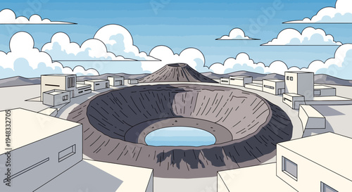 A stark, modernist settlement encircles a massive, water-filled impact crater