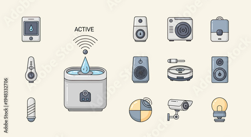 Collection of smart home devices and icons smartphone, humidifier, speakers, robot vacuum, security camera, and light bulb