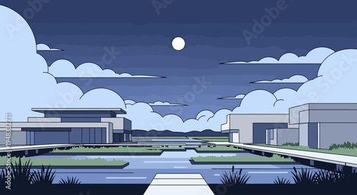 Modern minimalist buildings with water features under a cloudy night sky