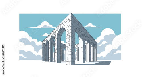 An ancient stone structure with arched openings against a cloudy blue sky