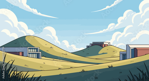 Modern homes nestled in rolling hills under a vast, cloudy sky