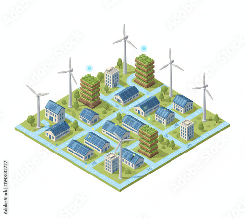 Isometric illustration of a modern sustainable city concept showcasing green energy solutions, solar panels, wind turbines, and eco-friendly urban architecture