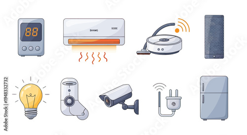 Set of icons depicting smart home devices and appliances