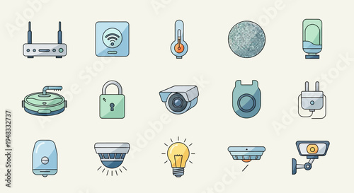 Diverse icons depict smart home devices for security, comfort, and automation