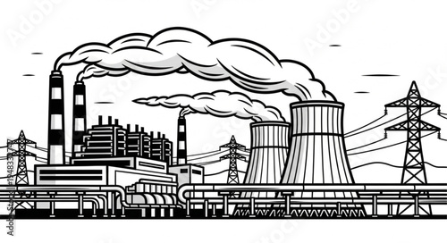 Industrial Power Plant Emission with Cooling Towers and Smoke Stacks.