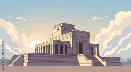 Ancient stone edifice with grand staircases beneath a vast, cloudy sky