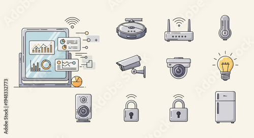 Diverse smart home devices depicted in a clean, illustrative style