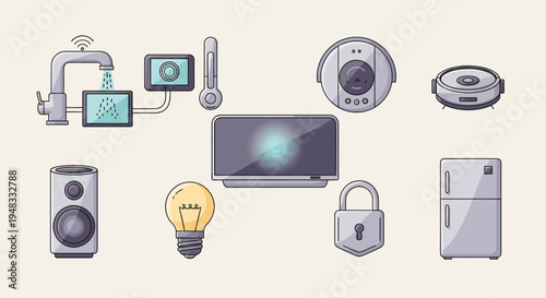 Assortment of smart home devices, including a faucet, thermostat, lightbulb, TV, speaker, and more