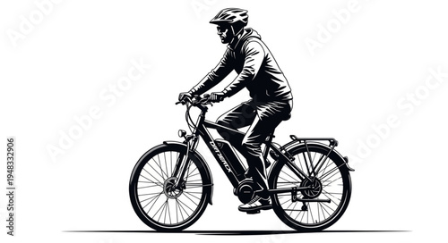 Man Riding Electric Bike - A Detailed Black and White Illustration.