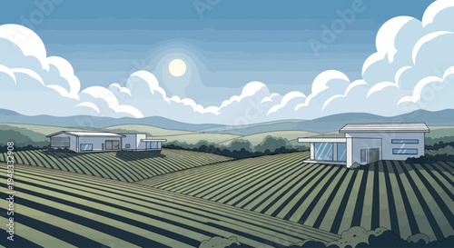 Rolling fields with modern houses under a partly cloudy sky