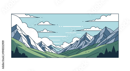 Abstract geometric mountains under a cloudy sky with rolling green hills