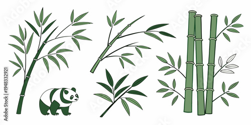 A panda bear surrounded by bamboo plants and leaves Vector