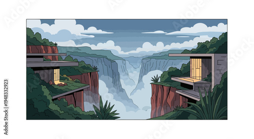 Modern cliffside residences overlook a misty, vast waterfall canyon