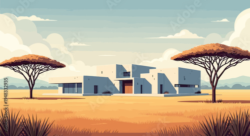 Modern residence with acacia trees in an arid, grassy landscape