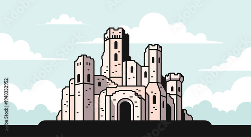 A detailed, minimalist illustration of a sprawling castle ruins under a cloudy sky